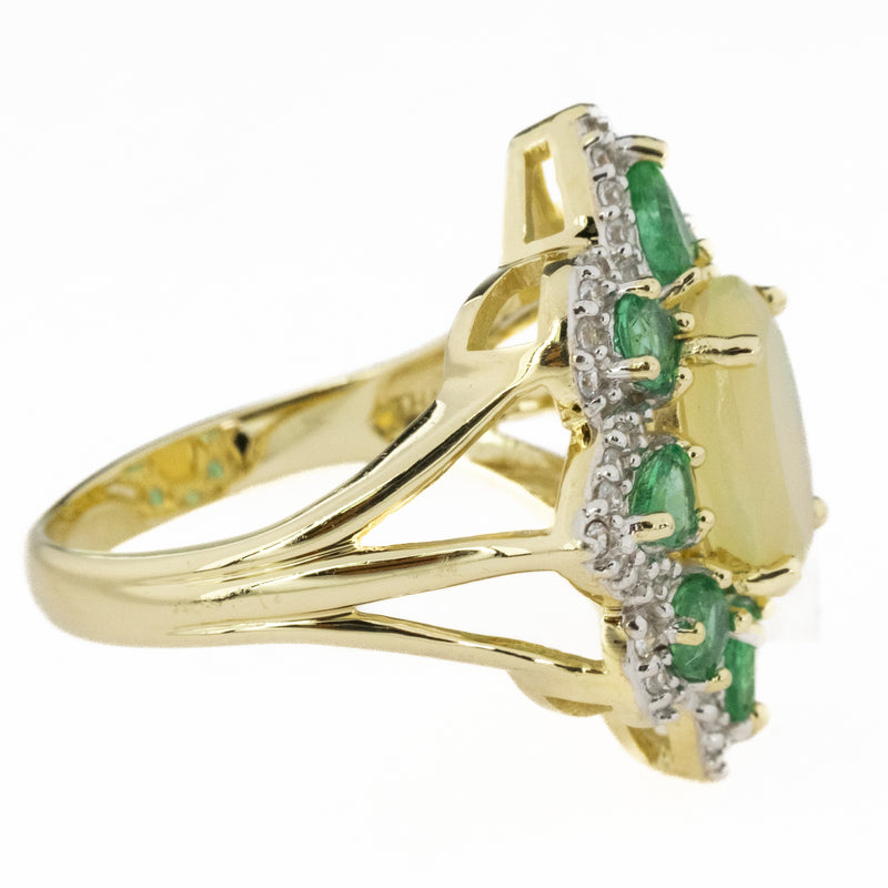 Natural Opal w/ Diamond & Emerald Accents Gemstone Ring in 10K Two Tone Gold
