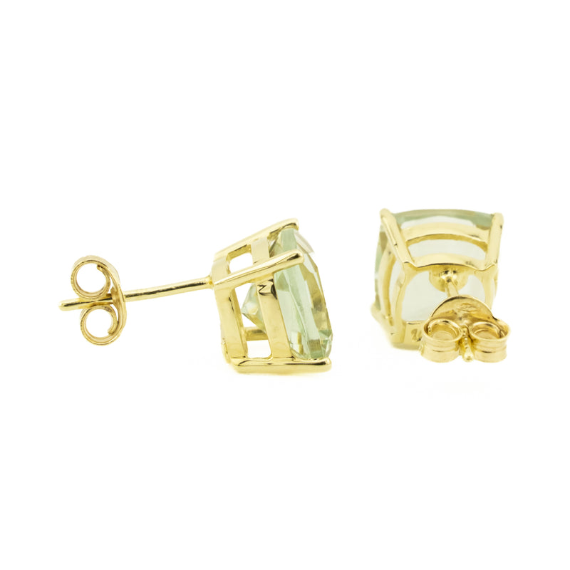 6.72ctw Cushion Cut Green Amethyst Stud Earrings in 14K Yellow Gold