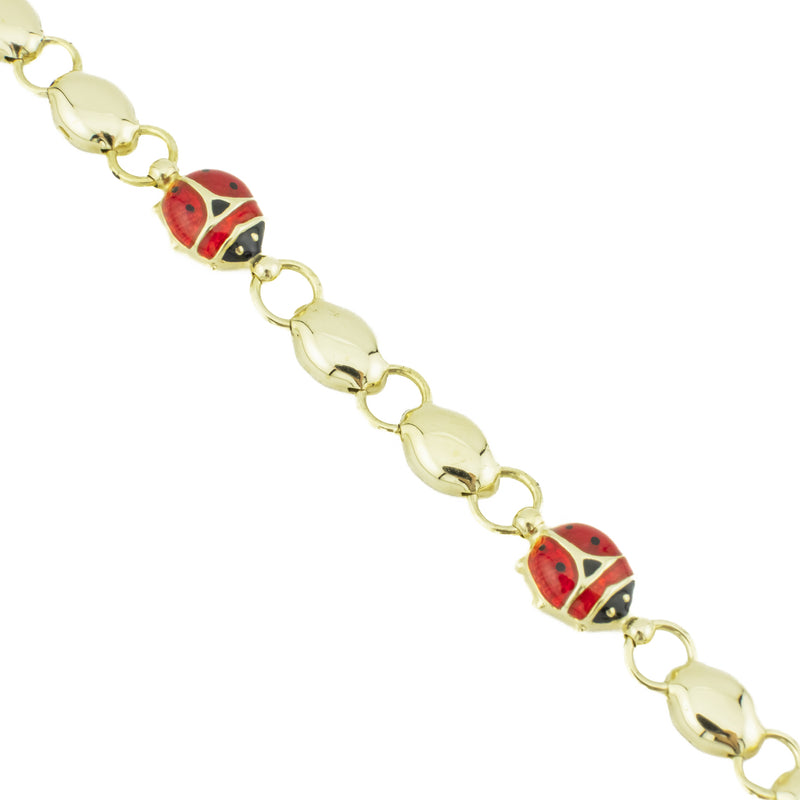 8mm Wide Enamel Ladybug 7" Bracelet in 14K Yellow Gold - 6.6 grams