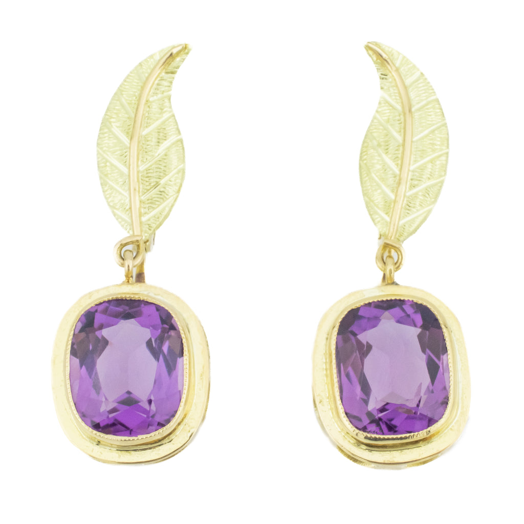 10.8ctw Purple Amethyst Solitaire Gemstone Drop Earrings in 18K Yellow Gold