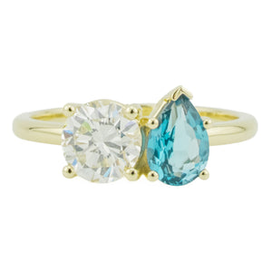 GIA 0.99ctw Round Brilliant Diamond & 0.70ctw Pear Cut Blue Topaz Ring in 14K Yellow Gold - Size 7