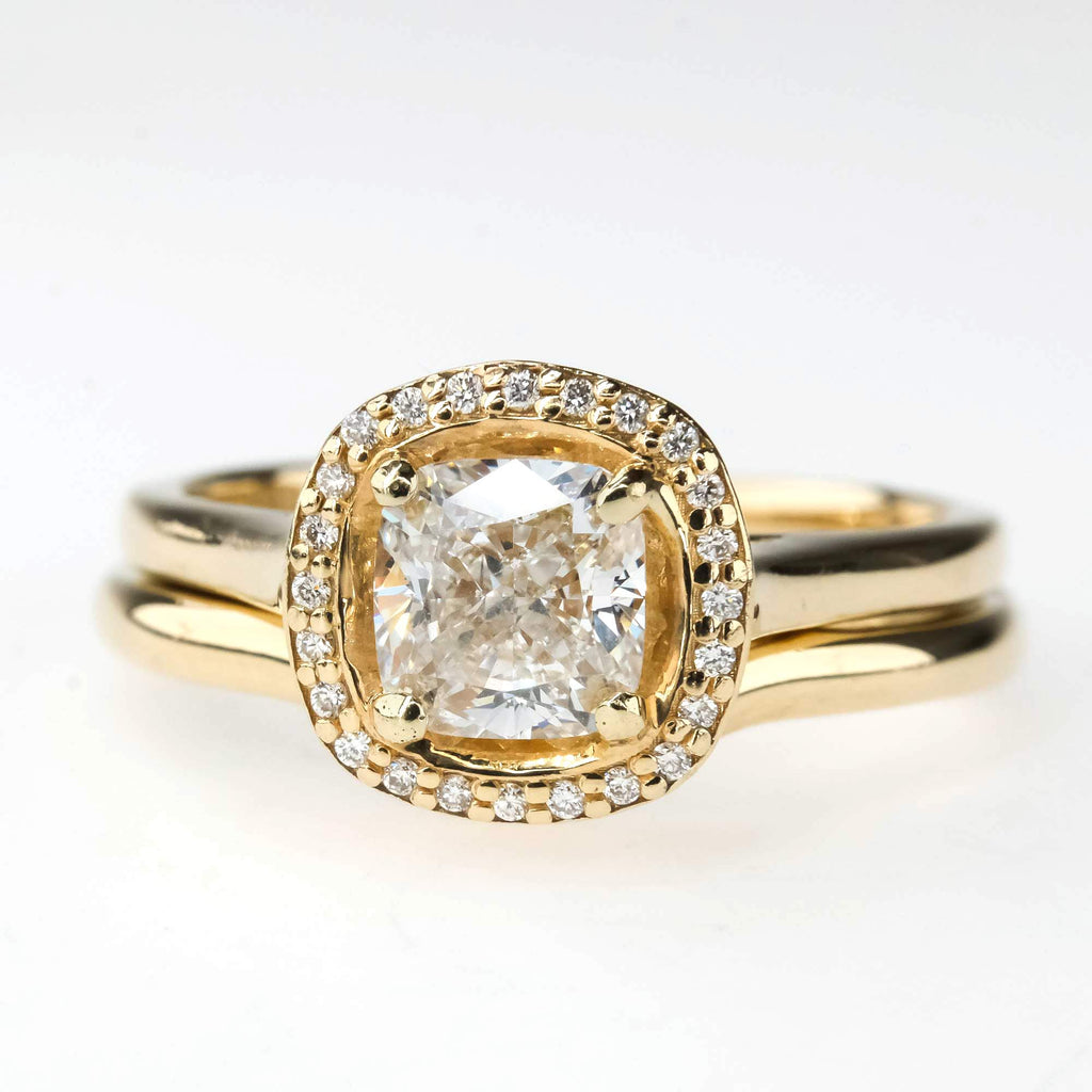 GIA 1.01ct VS1/F Cushion Diamond Halo Bridal Set in 14K Yellow Gold