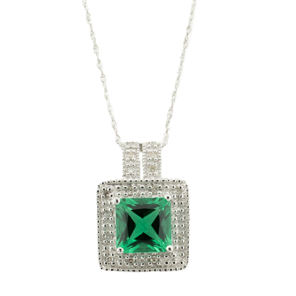 3.30ctw Princess Cut Lab Emerald with Diamond Accents Pendant on 18" Chain in 10K White Gold