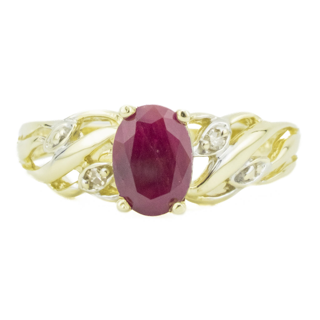 0.80ctw Oval Ruby & Diamond Accented Gemstone Ring in 10K Yellow Gold - Size 6
