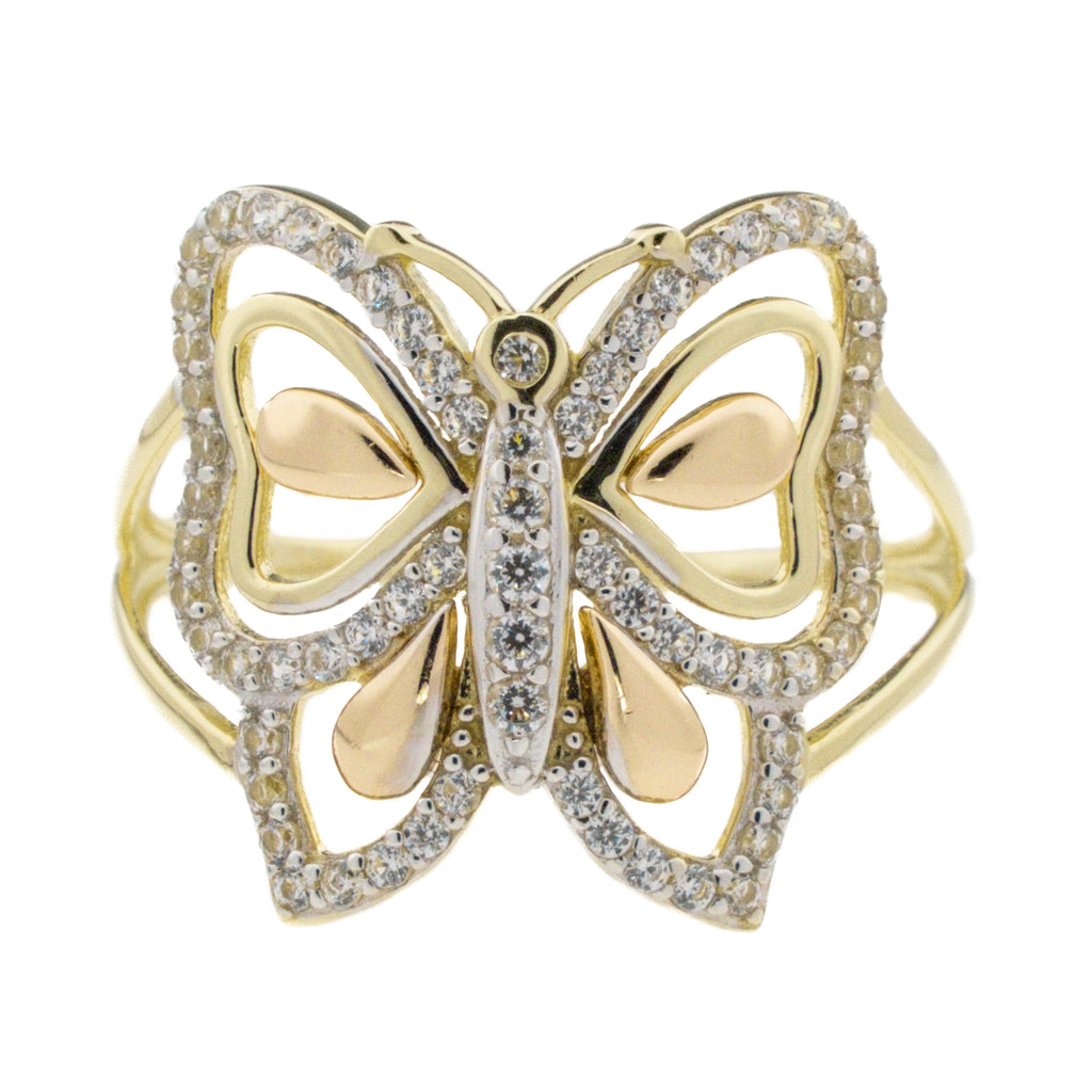 Sparkling Butterfly Clear Cubic Zirconia Ring Size 7 in 14K Three Tone Gold