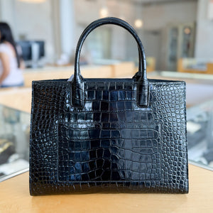 Burberry Crocodile-Embossed Calfskin Small Frances Tote Bag Black Gold