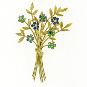 Diamond, Emerald Blue Topaz and Sapphire Flowers Brooch in 18K Yellow Gold