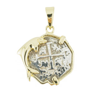 14K Yellow Gold Dolphin Pendant with Silver Spanish Cob Treasure Coin Copy