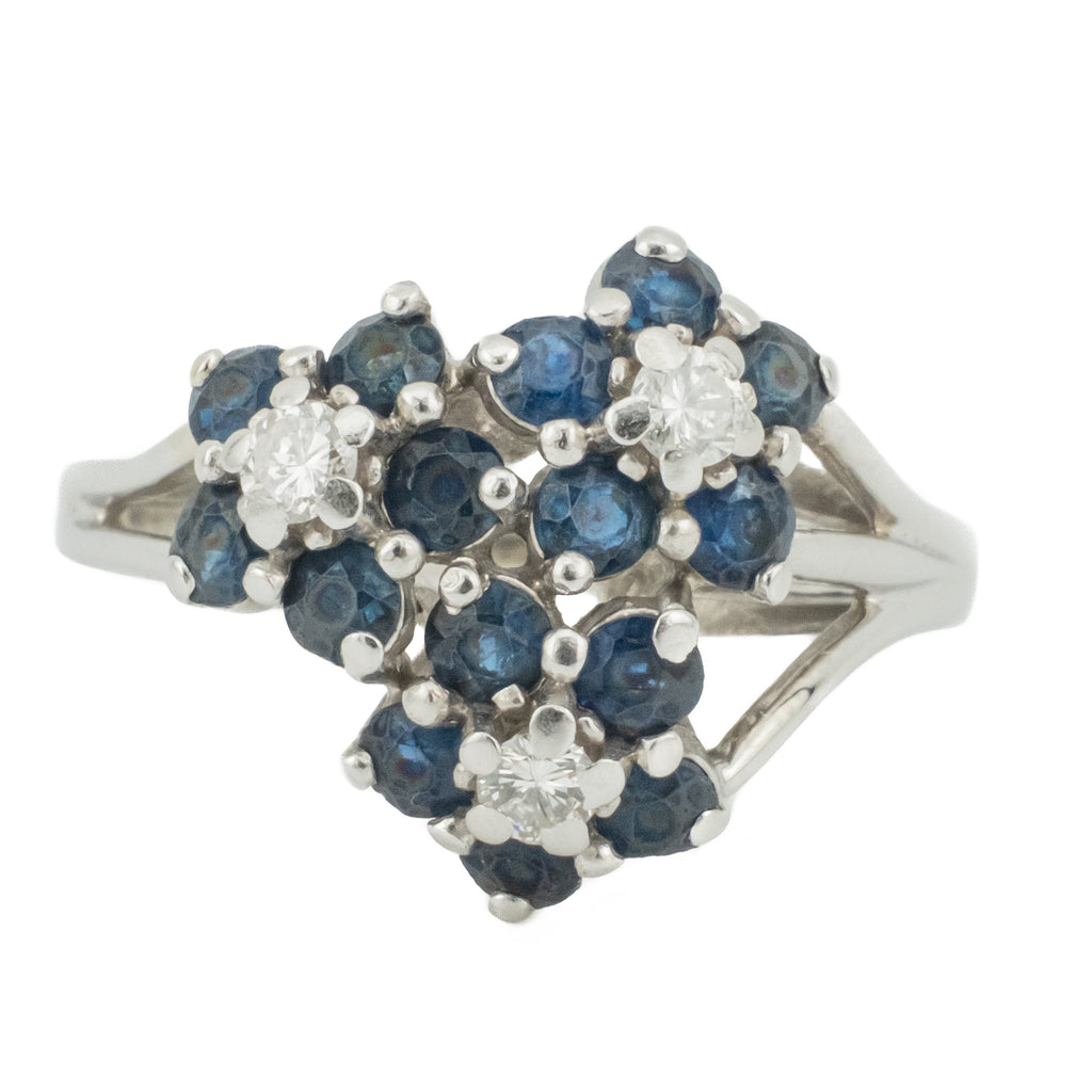 0.85ctw Sapphire and 0.09ctw Diamond Accents Flowers Ring in 14K White Gold - Size 7.5