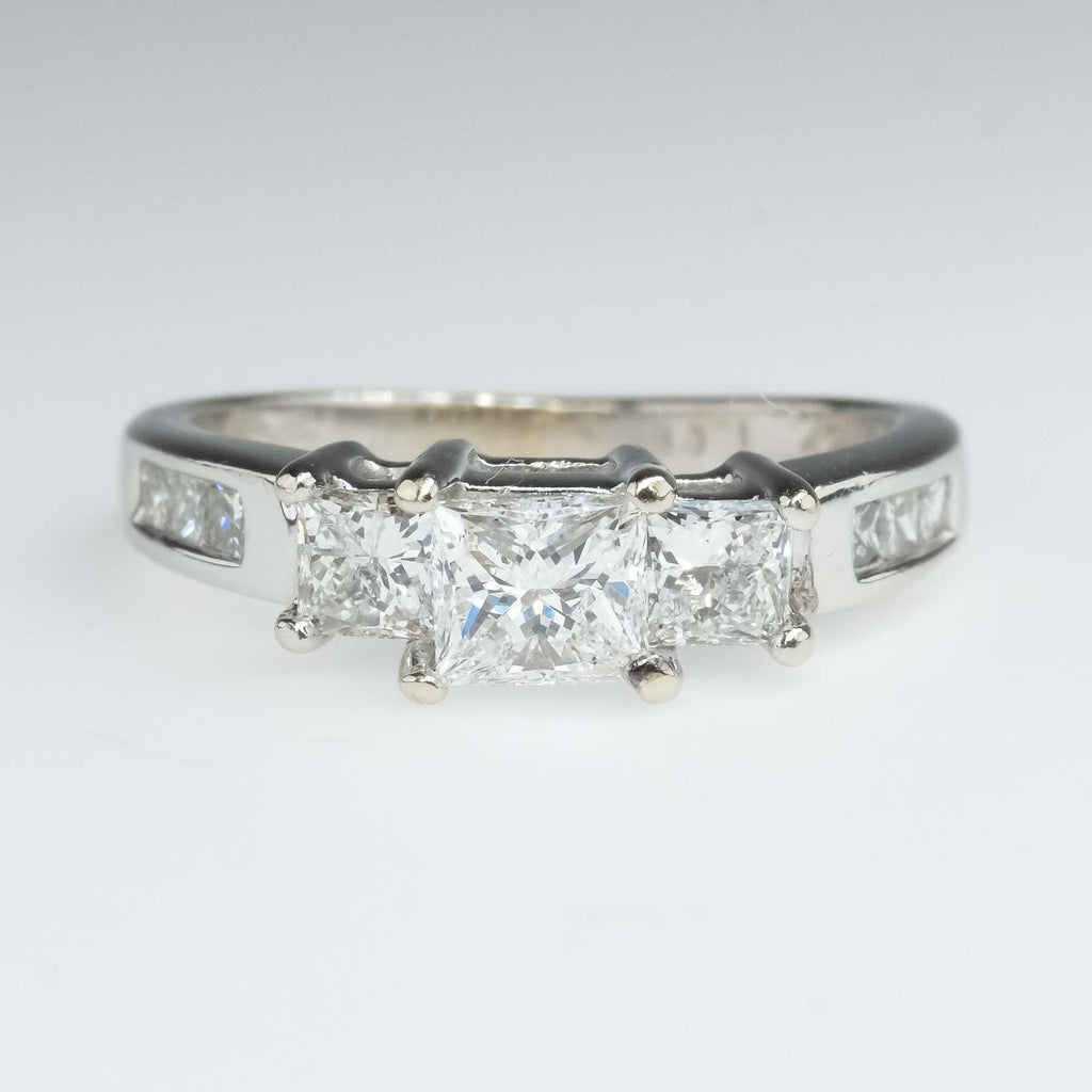 0.87ctw Three Stone Diamond & Side Accented Engagement Ring in 14K White Gold