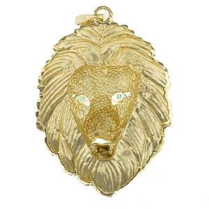 Lion Head Pendant with Emerald Eyes in Solid 14K Yellow Gold - 29.9 grams