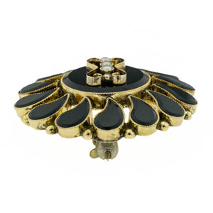 Vintage Onyx and Pearl Accented Brooch in 10K Yellow Gold