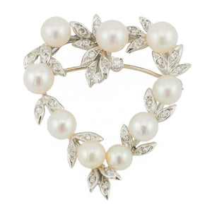 Pearl and Diamond Heart Brooch in 14K White Gold - 7.40 Grams