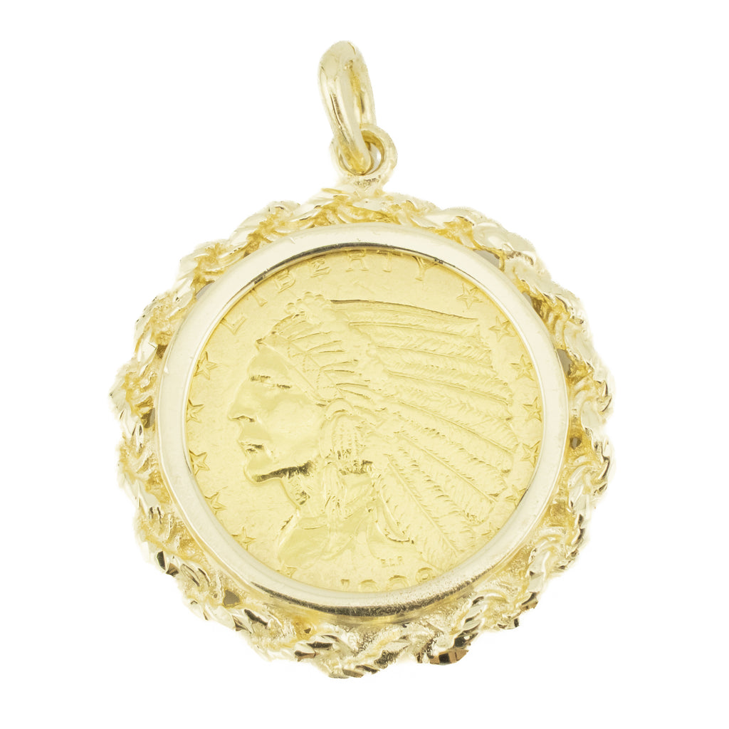 1908 American Indian Head $2 1/2 Coin .90 Gold Pendant w/ 14K Yellow Gold Bezel - 6.9 grams