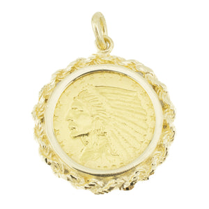 1908 American Indian Head $2 1/2 Coin .90 Gold Pendant w/ 14K Yellow Gold Bezel - 6.9 grams
