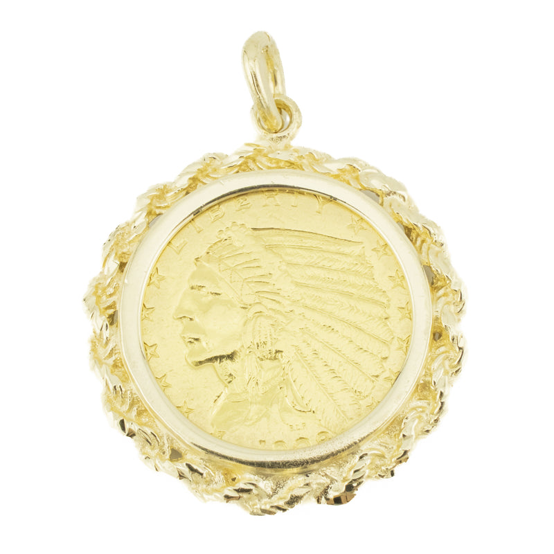 1908 American Indian Head $2 1/2 Coin .90 Gold Pendant w/ 14K Yellow Gold Bezel - 6.9 grams