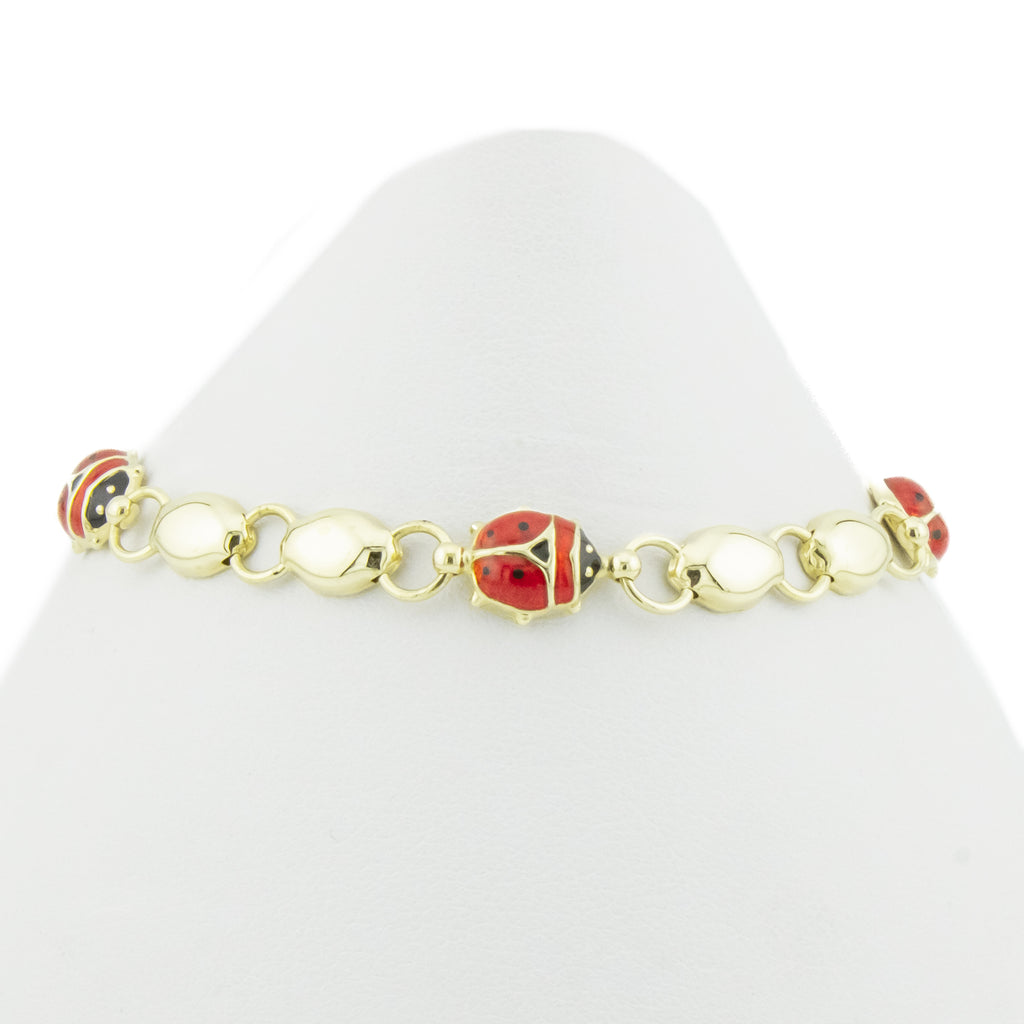 8mm Wide Enamel Ladybug 7" Bracelet in 14K Yellow Gold - 6.6 grams