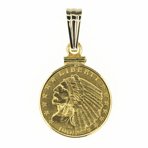 1908 21K American Indian Head $2.50 Coin Pendant w/ 14K Yellow Gold Bezel