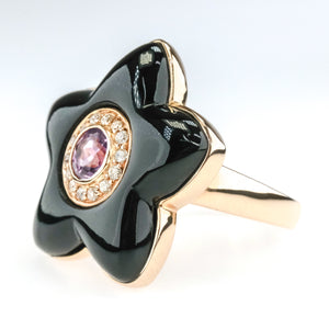 0.40ct Amethyst w/ Diamond Halo Accents Flower Shaped Onyx Ring in 14K Rose Gold