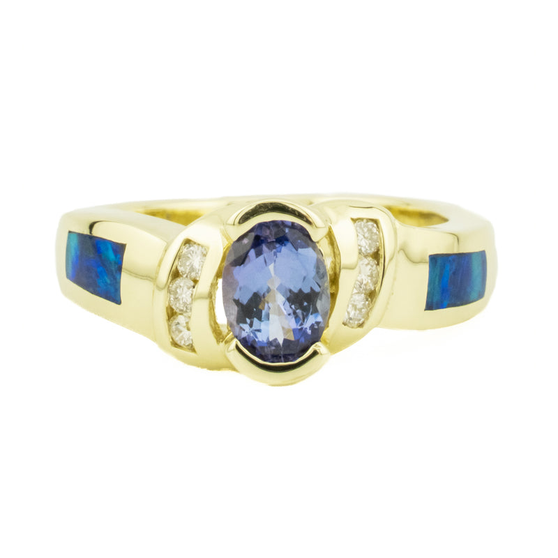 0.71ctw Tanzanite with Opal & Diamond Accents Gemstone Ring in 14K Yellow Gold