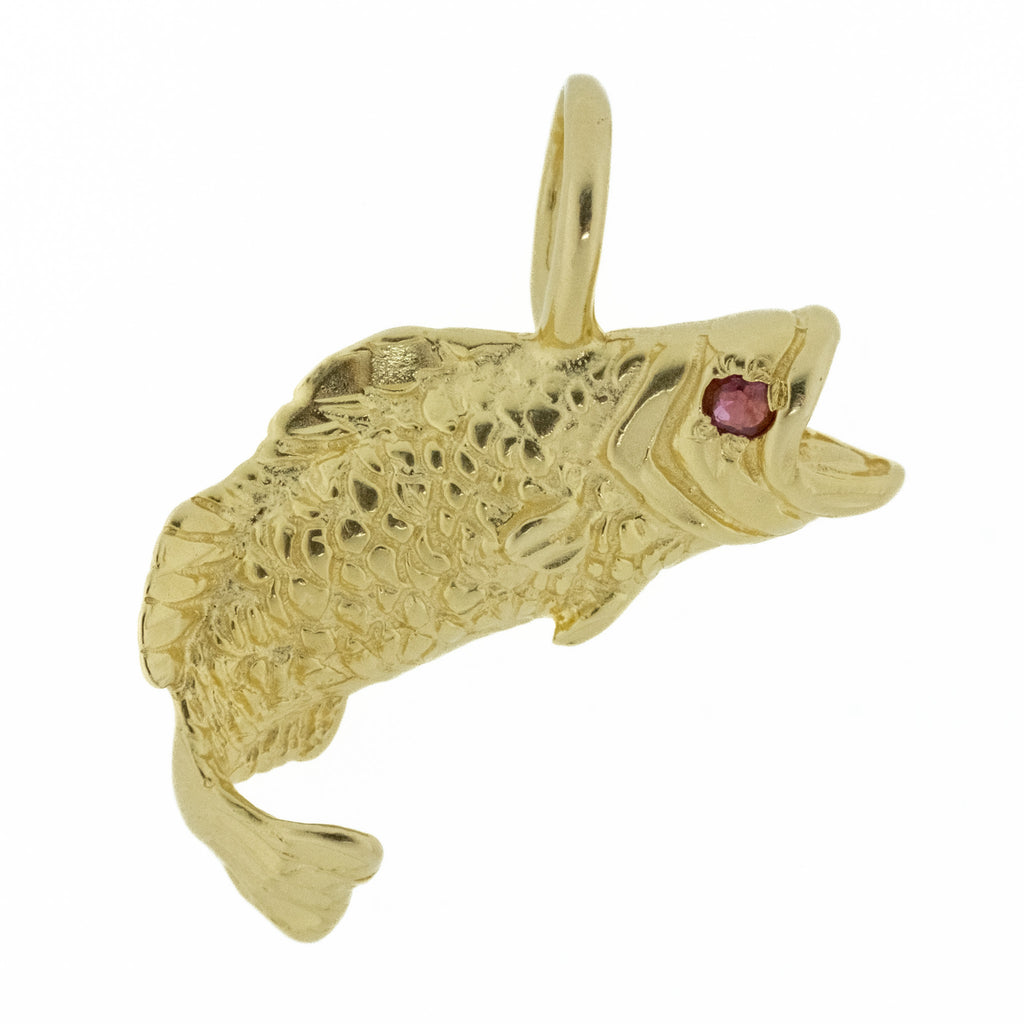 Fish Pendant with Ruby Eye in Solid 14K Yellow Gold - 3.2 grams