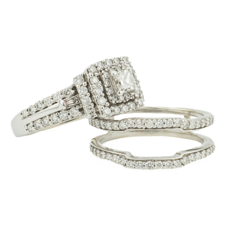 0.29ctw Princess Cut Diamond w/ 1.5ctw Diamond Accented Wedding Set in 14K White Gold - Size 6.5