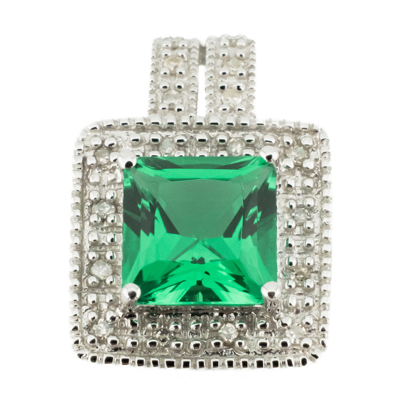 3.30ctw Princess Cut Lab Emerald with Diamond Accents Pendant on 18" Chain in 10K White Gold