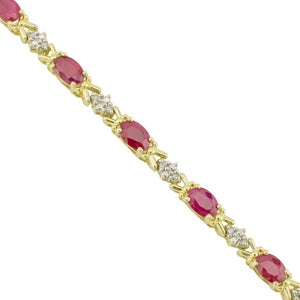 9.5ctw Oval Ruby and Diamond Accented Tennis Bracelet in 14K Yellow Gold - 10.1 Grams