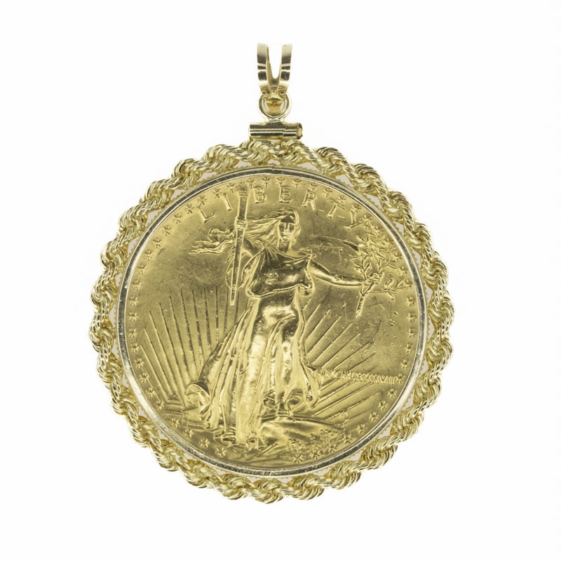1oz Gold American Eagle Liberty Coin 1987 Rope Bezel Pendant with 16" Rope Chain in 14K Yellow Gold