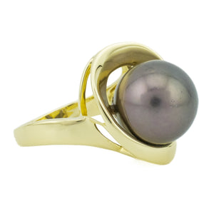 12mm Black Pearl Solitaire Ring in14K Yellow Gold - Size 7