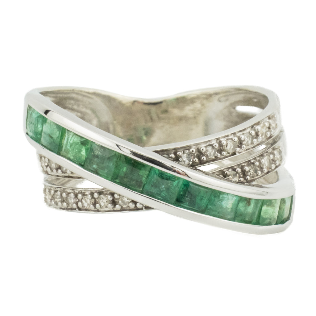 Princess Cut Emerald & Round Diamond Accented Gemstone Ring in 10K White Gold - Size 6.5