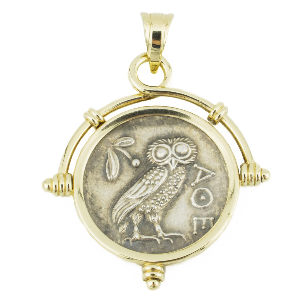 Owl of Athena Coin Replica in Sterling Silver with 14K Yellow Gold Bezel Pendant