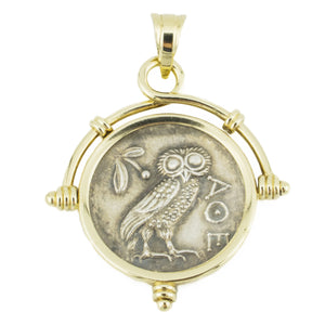 Owl of Athena Coin Replica in Sterling Silver with 14K Yellow Gold Bezel Pendant