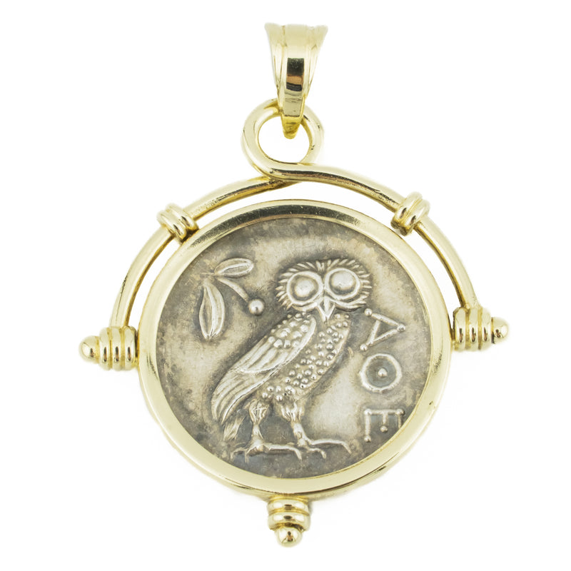 Owl of Athena Coin Replica in Sterling Silver with 14K Yellow Gold Bezel Pendant