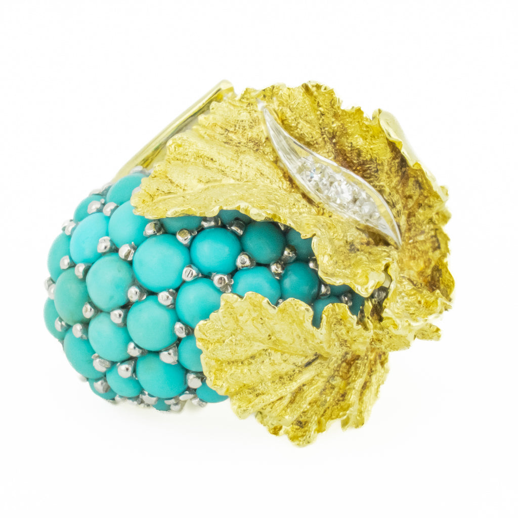 Turquoise and Diamond Vintage Grape Ring in 18K Yellow Gold - 4.75