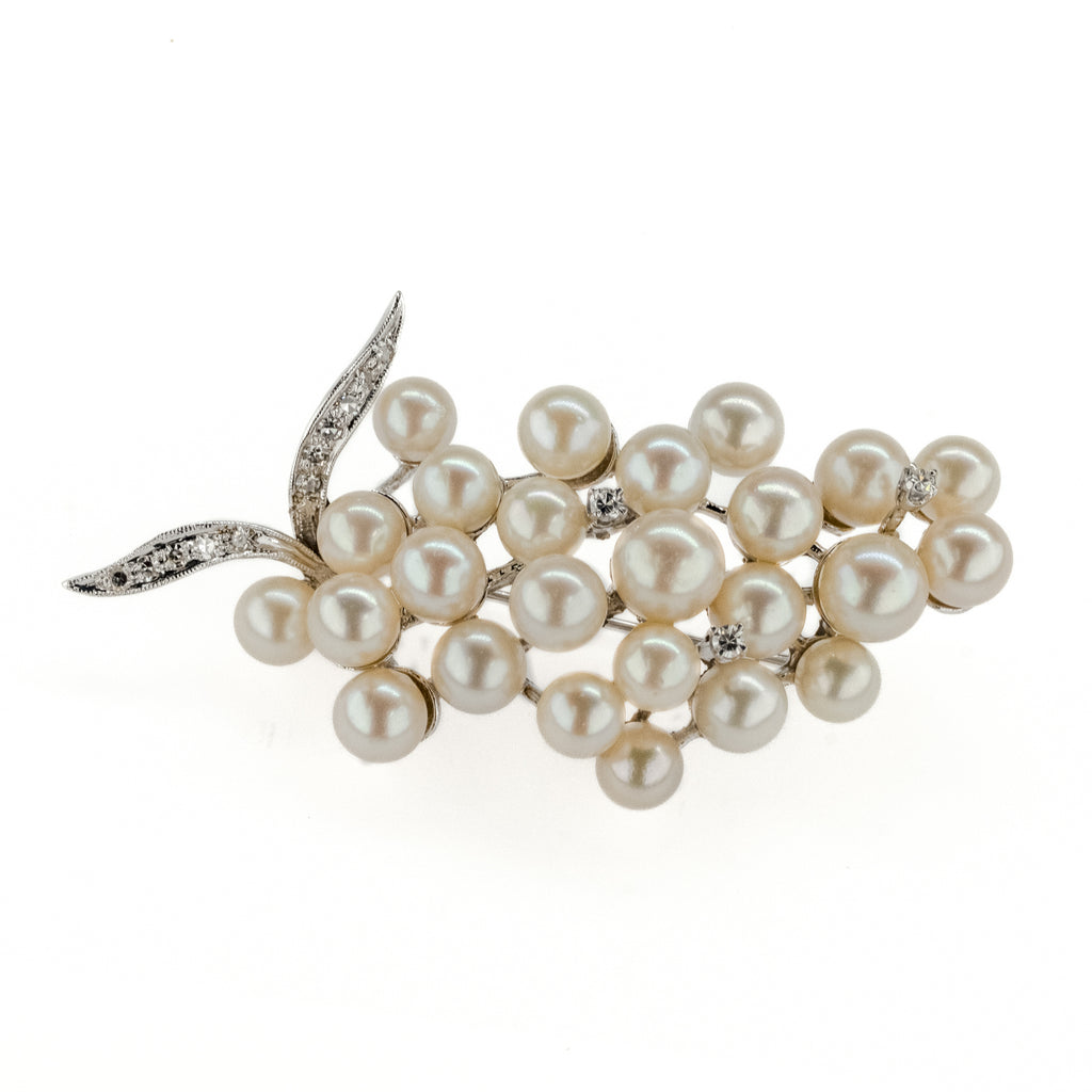Pearl and Diamond Grape Brooch in 14K White Gold