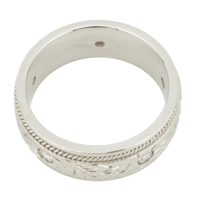 0.50ctw Diamond Accented Hand-Engraved Band Ring in 14K White Gold - Size 10.5
