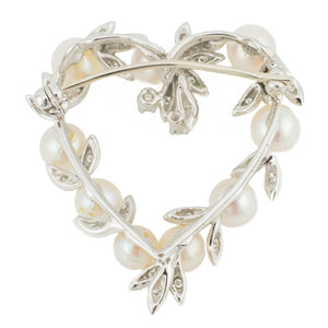 Pearl and Diamond Heart Brooch in 14K White Gold - 7.40 Grams