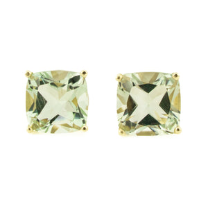 6.72ctw Cushion Cut Green Amethyst Stud Earrings in 14K Yellow Gold