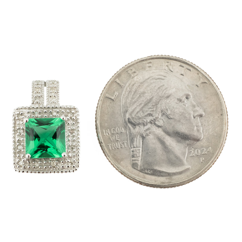 3.30ctw Princess Cut Lab Emerald with Diamond Accents Pendant on 18" Chain in 10K White Gold