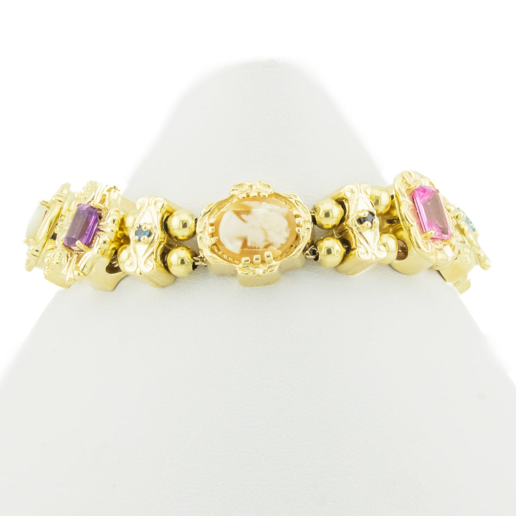 Vintage Slide Charm Multi Colored Gemstone 7" Bracelet in 14K Yellow Gold