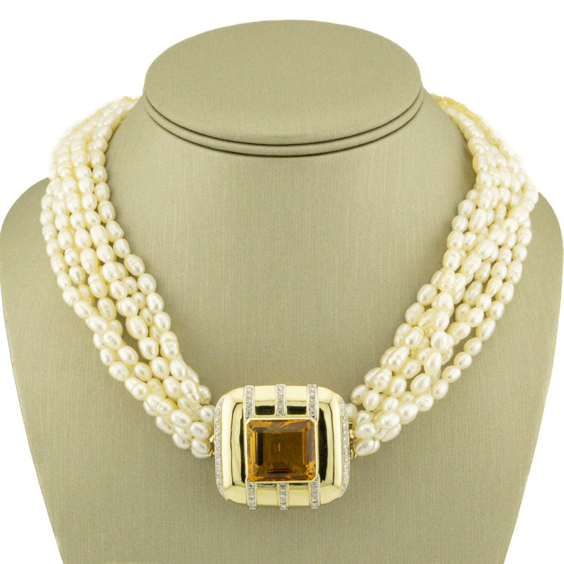 13.18ctw Citrine and Diamond Accented Brooch/Pendant with Pearls 17" Necklace in 14K Yellow Gold