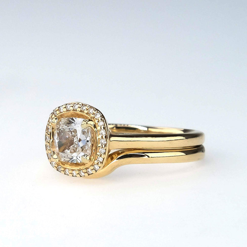 GIA 1.01ct VS1/F Cushion Diamond Halo Bridal Set in 14K Yellow Gold