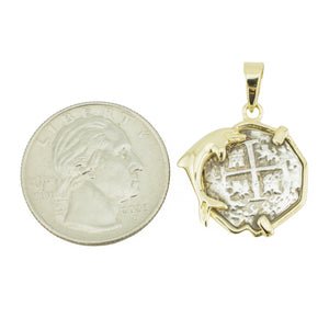 14K Yellow Gold Dolphin Pendant with Silver Spanish Cob Treasure Coin Copy