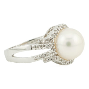 10mm Pearl and Diamond Accented Ring in 14K White Gold - Size 7