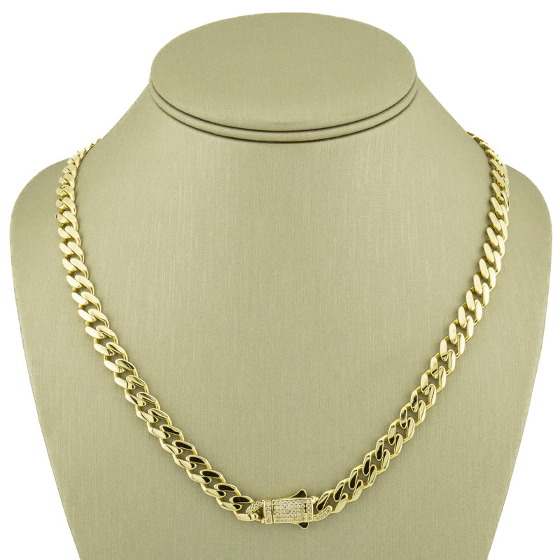 7mm Wide Hollow Curb 18" Chain w/ Cubic Zirconia Accents in 10K Yellow Gold - 19.6 grams