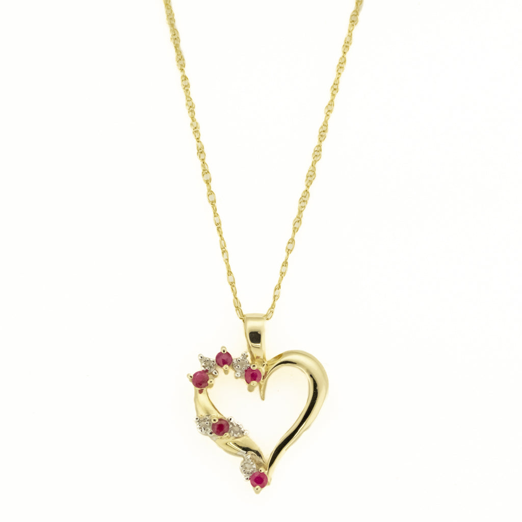 Ruby & Diamond Accented Heart Pendant on 17" Fine Rope Chain in 14K Yellow Gold