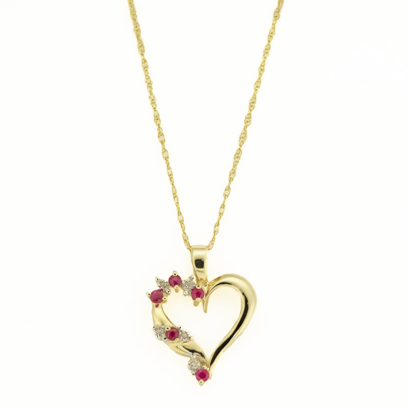 Ruby & Diamond Accented Heart Pendant on 17" Fine Rope Chain in 14K Yellow Gold