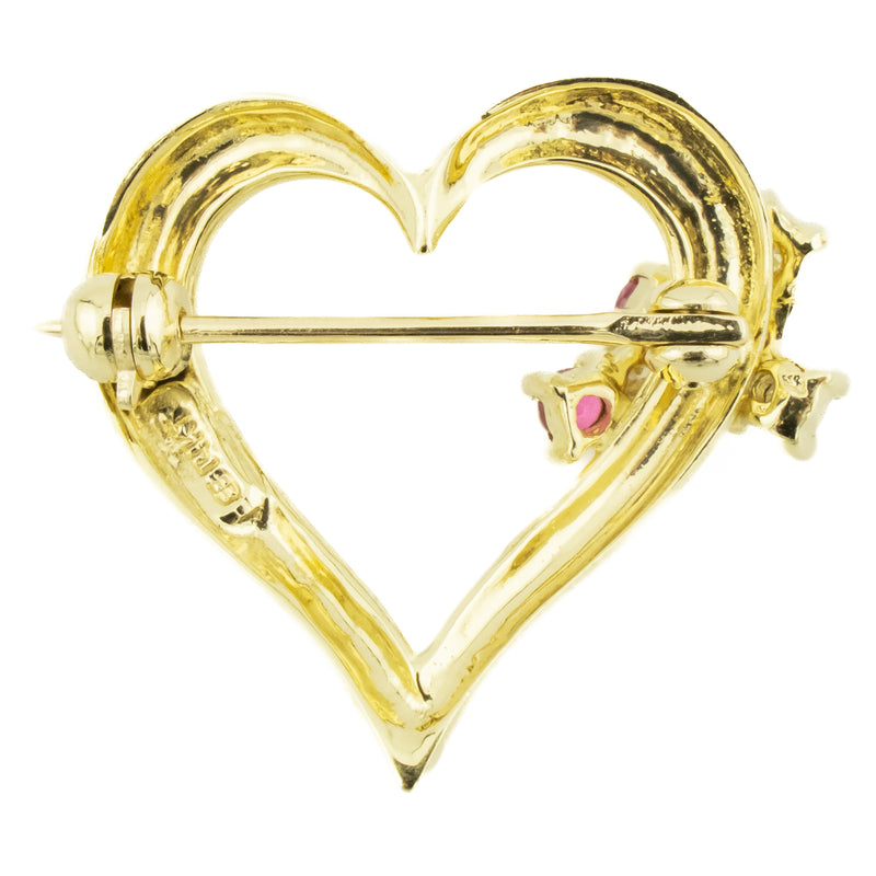 Ruby and Diamond Heart Brooch in 14K Yellow Gold