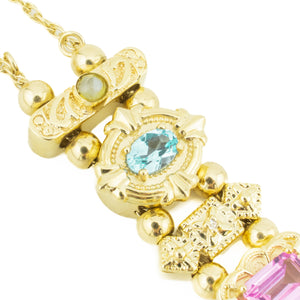 Vintage Slide Charm Multi Colored Gemstone 7" Bracelet in 14K Yellow Gold